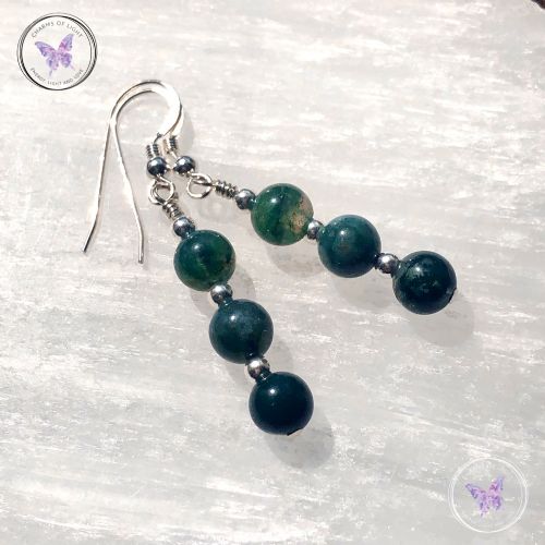 Moss Agate Silver Bead Earrings